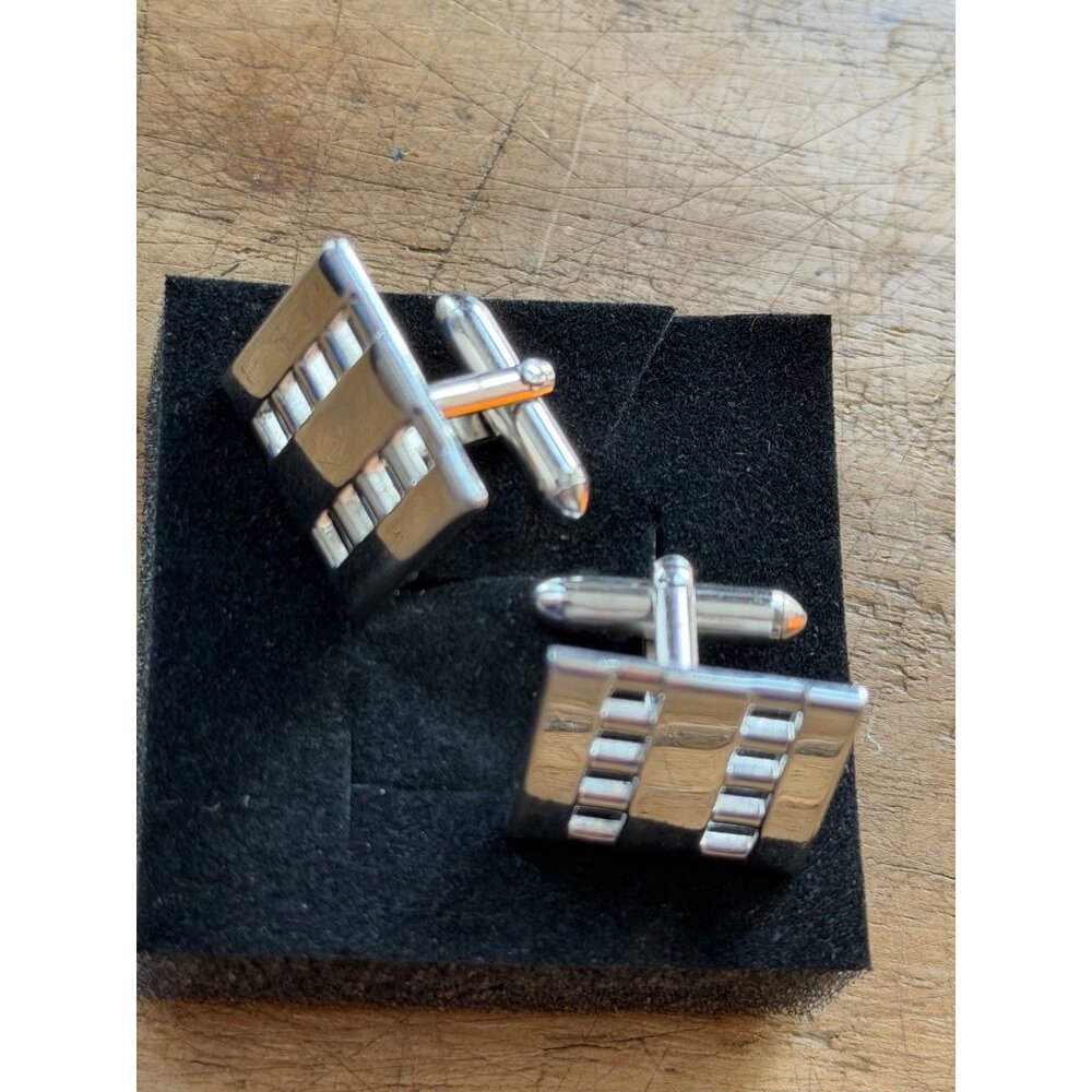 Silver-Toned Rectangular Cufflinks With Textured … - image 1